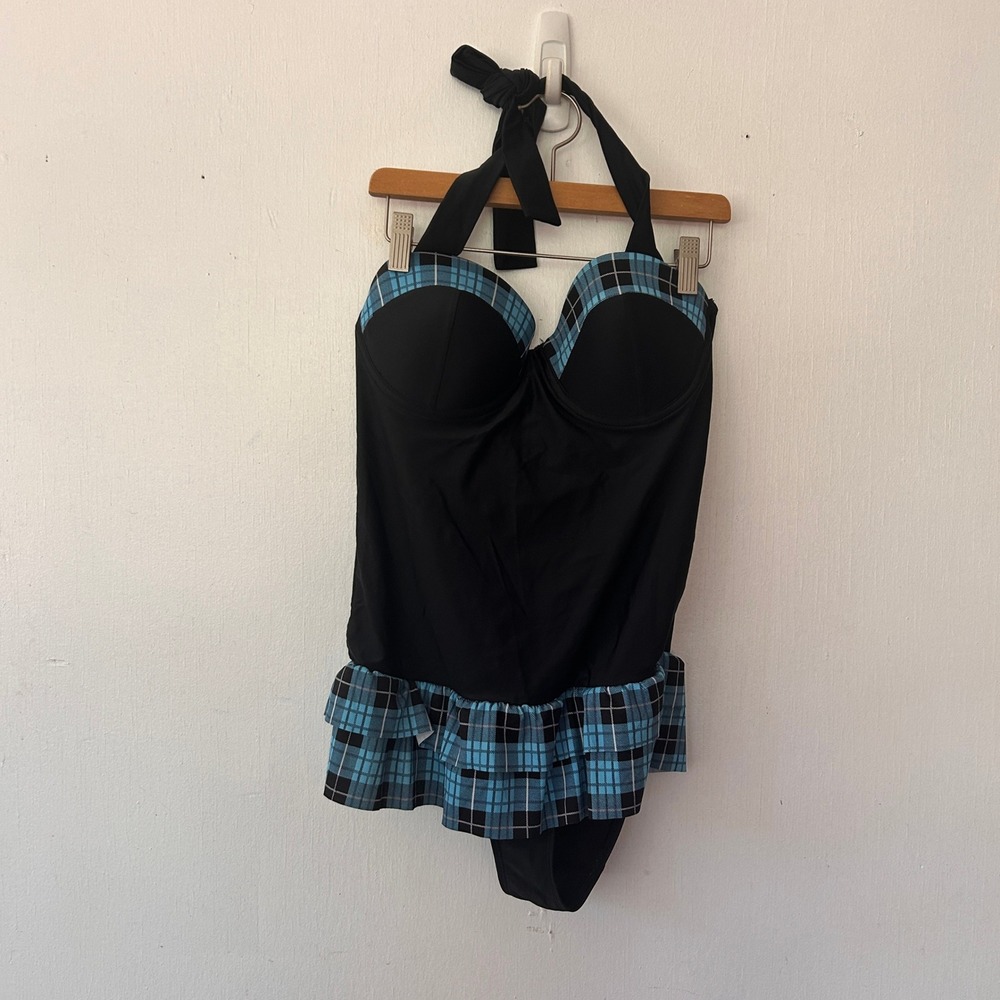 Harry Potter Swimsuit Women L Black Blue Plaid Ruffle Halter Ravenclaw Pinup
